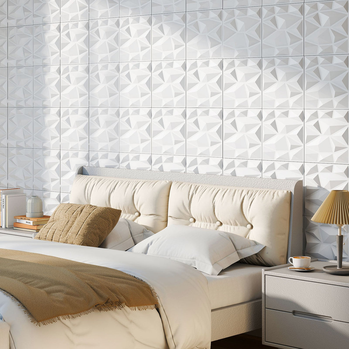 50-Pack 3D Wall Panels PVC Interior Wall Decoration with Diamond Accent-White-Wall Decor-DECOROLALA