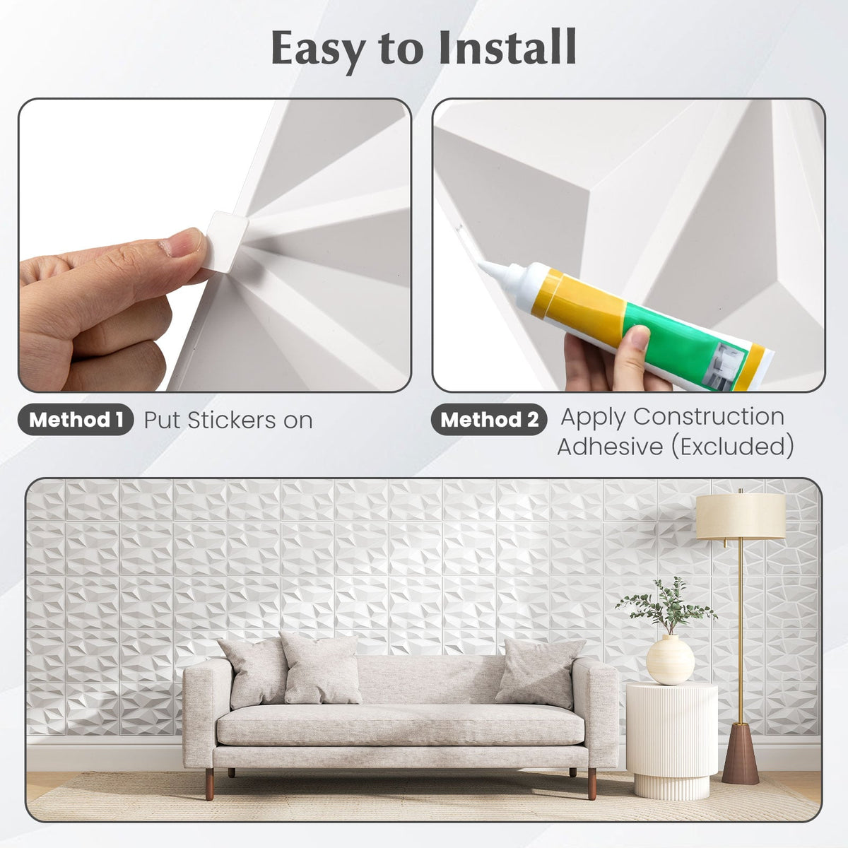 50-Pack 3D Wall Panels PVC Interior Wall Decoration with Diamond Accent-White-Wall Decor-DECOROLALA