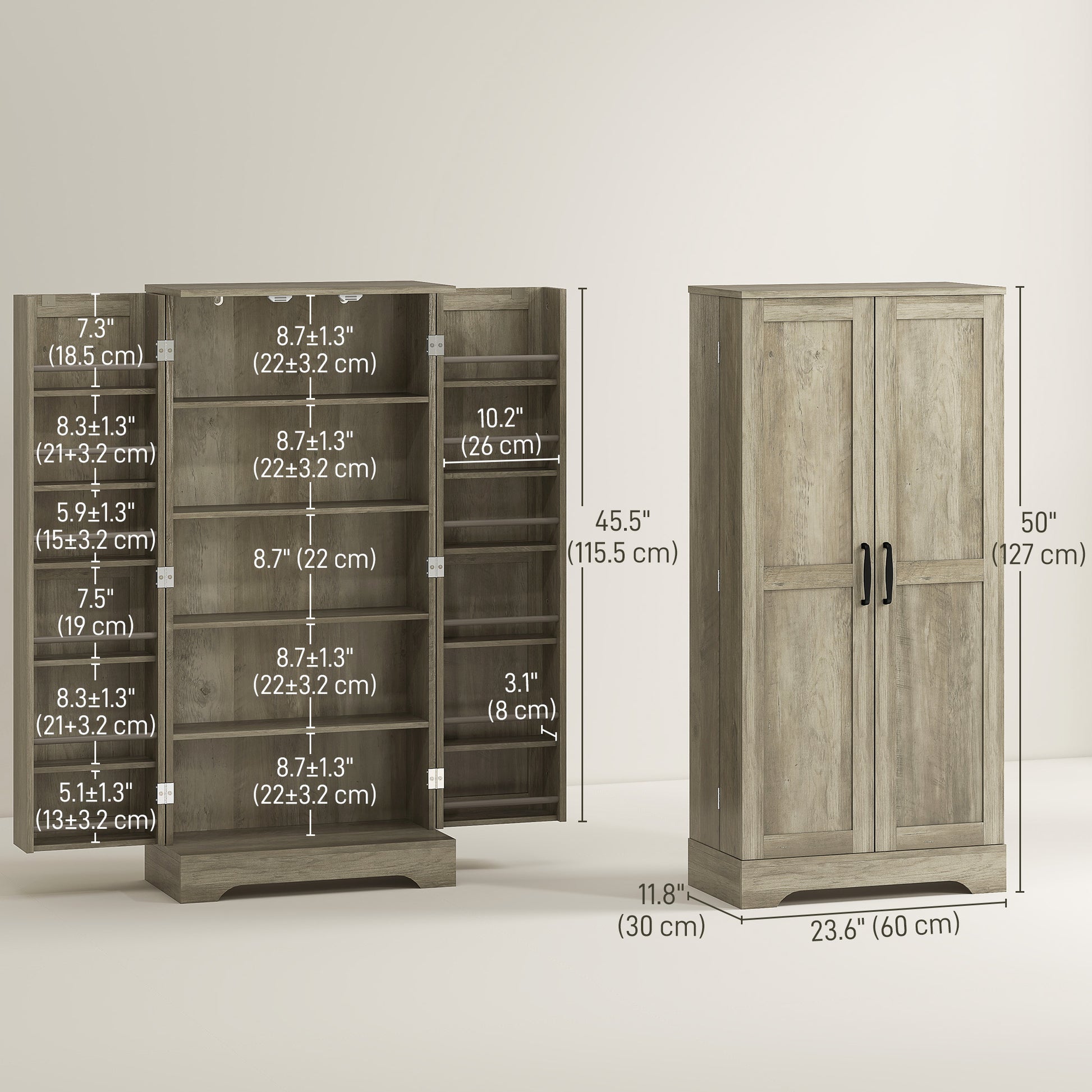 50" Pantry Storage Cabinet, Farmhouse Kitchen Pantry Cabinet with Doors, Adjustable Shelves, Distressed Grey-Home Furnishings > Storage & Organization > Kitchen Pantry Cabinets-DECOROLALA