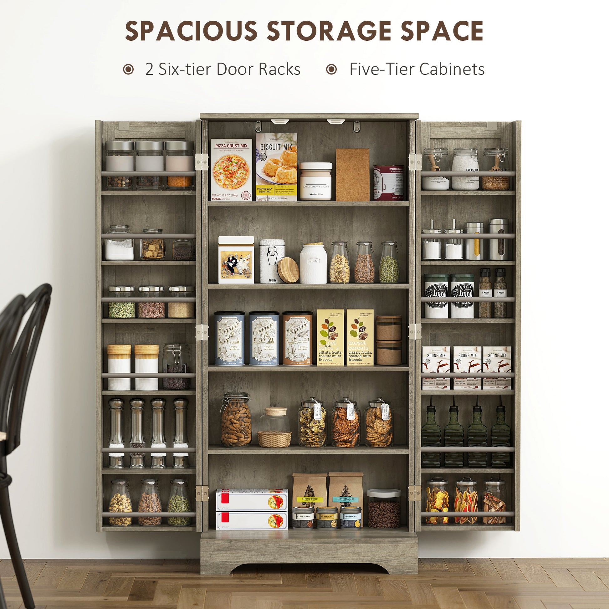 50" Pantry Storage Cabinet, Farmhouse Kitchen Pantry Cabinet with Doors, Adjustable Shelves, Distressed Grey-Home Furnishings > Storage & Organization > Kitchen Pantry Cabinets-DECOROLALA