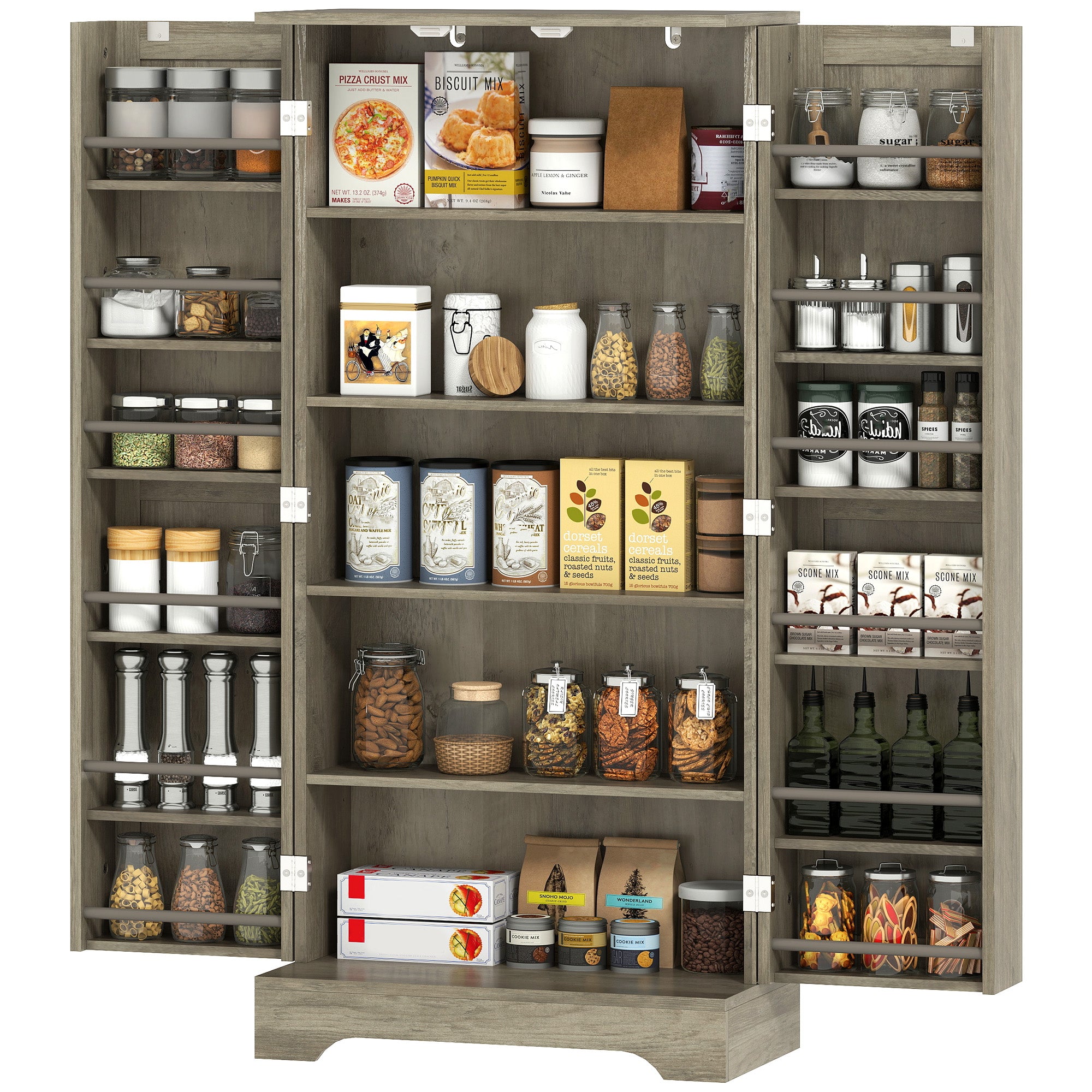 50" Pantry Storage Cabinet, Farmhouse Kitchen Pantry Cabinet with Doors, Adjustable Shelves, Distressed Grey-Home Furnishings > Storage & Organization > Kitchen Pantry Cabinets-DECOROLALA