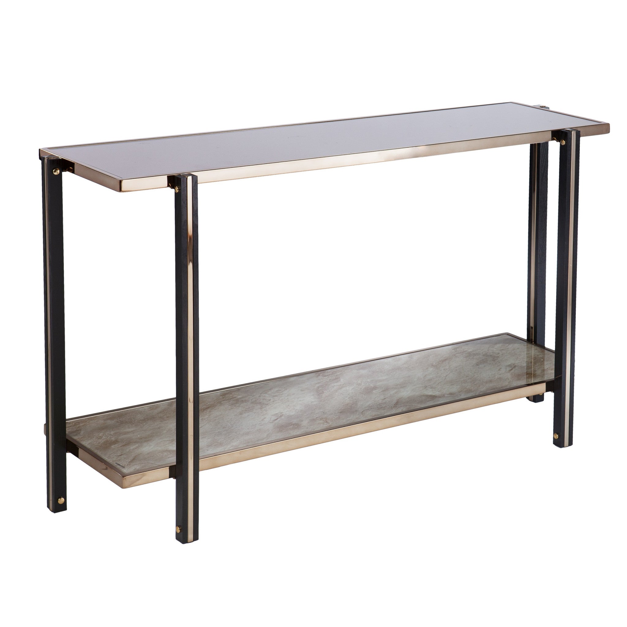 50" Smoky Black and Champagne Mirrored Glass Console Table With Shelf-Console Tables-DECOROLALA