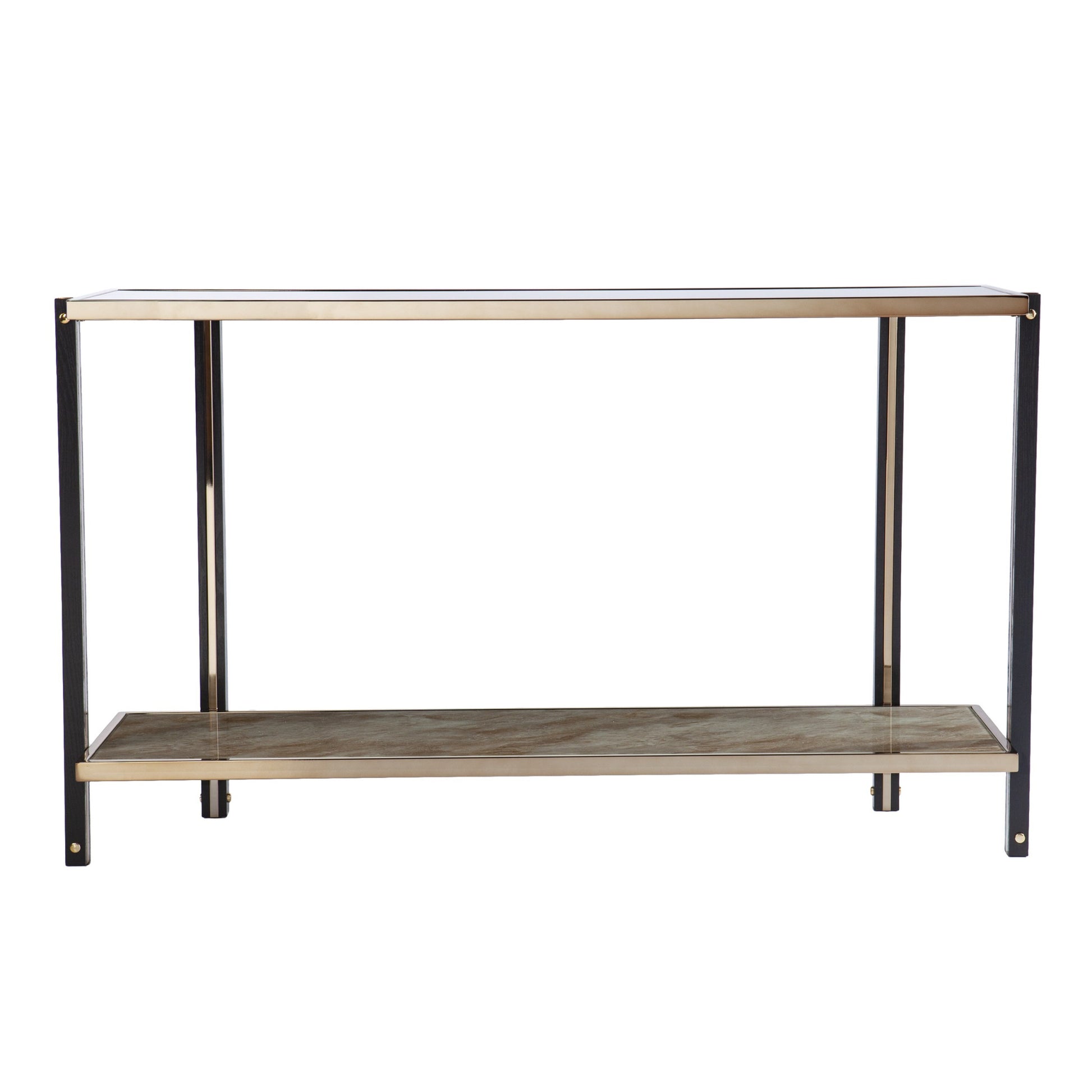 50" Smoky Black and Champagne Mirrored Glass Console Table With Shelf-Console Tables-DECOROLALA