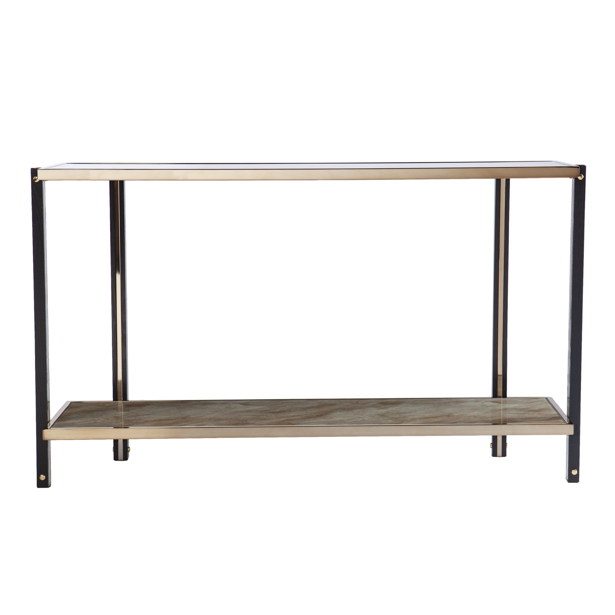 50" Smoky Black and Champagne Mirrored Glass Console Table With Shelf-Console Tables-DECOROLALA