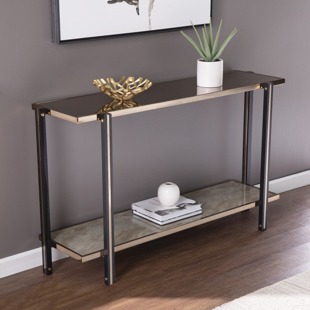 50" Smoky Black and Champagne Mirrored Glass Console Table With Shelf-Console Tables-DECOROLALA