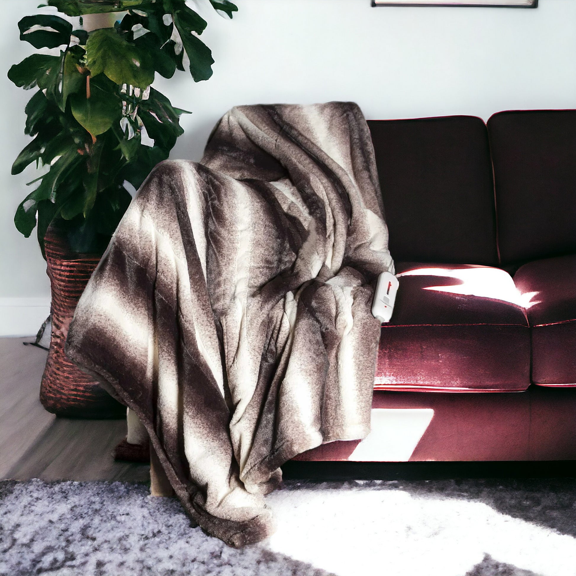 50" X 60" Brown And White Modern Contemporary Heated Throw Blankets-Throws & Blankets-DECOROLALA