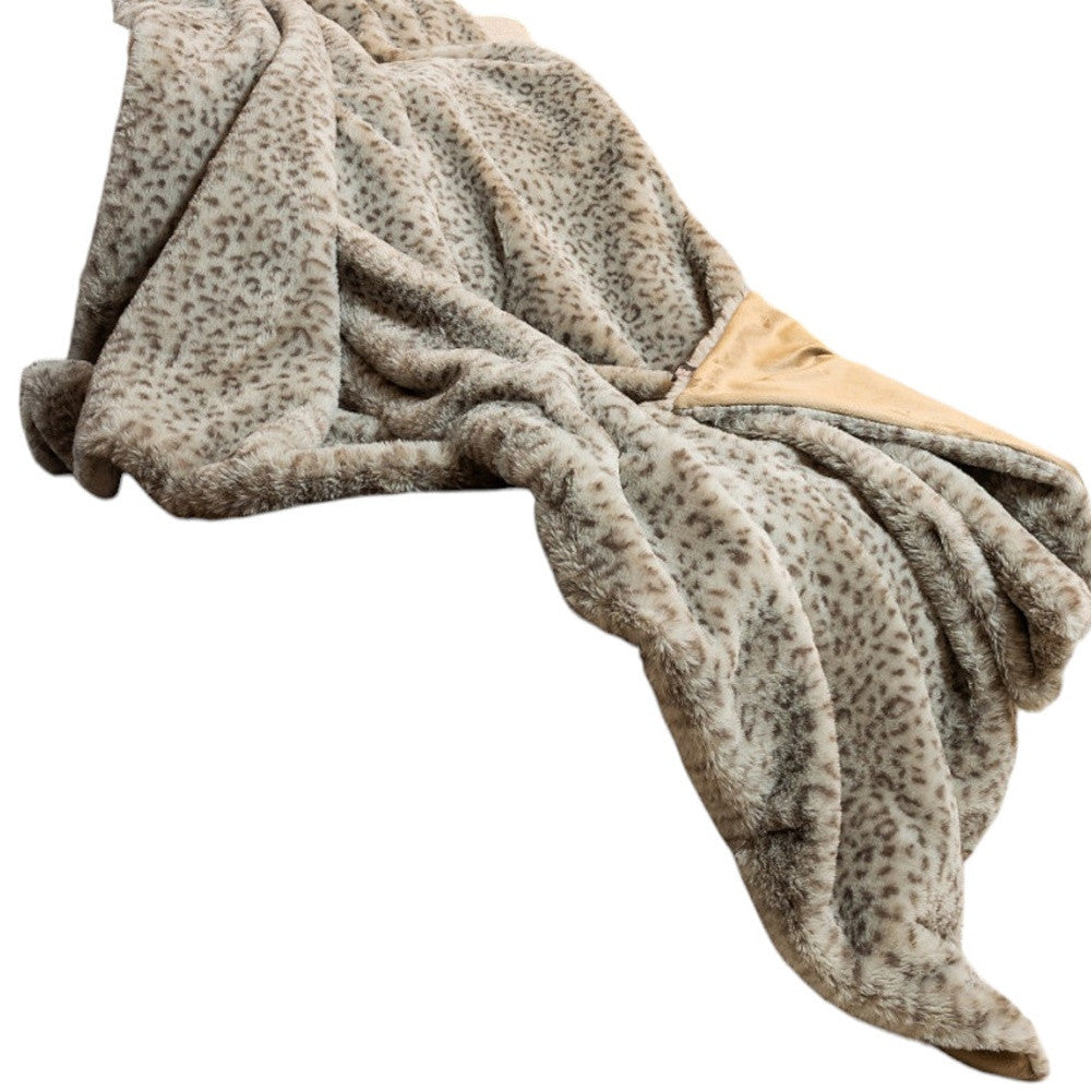 50" X 60" Brown and Taupe Faux Fur Animal Print Plush Throw Blanket-Throws & Blankets-DECOROLALA