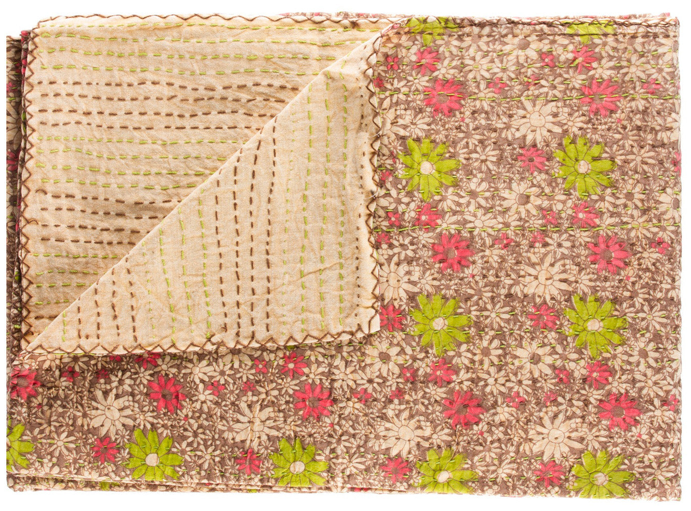 50" X 70" Beige Pink Orange and Green Cotton Kantha Floral Throw Throw Blanket with Embroidery-Throws & Blankets-DECOROLALA