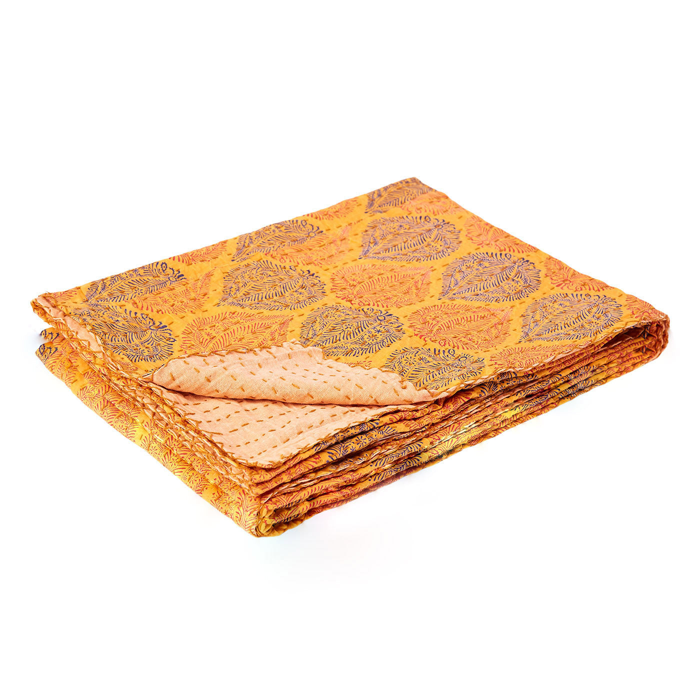50" X 70" Beige Pink Orange and Green Cotton Kantha Floral Throw Throw Blanket with Embroidery-Throws & Blankets-DECOROLALA