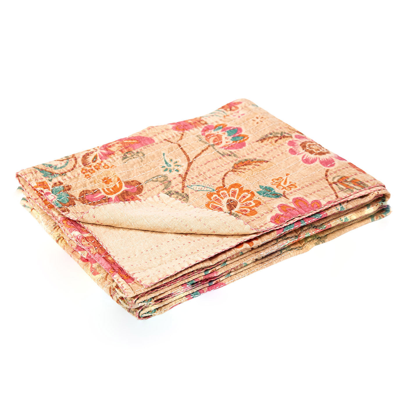 50" X 70" Beige Pink Orange and Green Cotton Kantha Floral Throw Throw Blanket with Embroidery-Throws & Blankets-DECOROLALA
