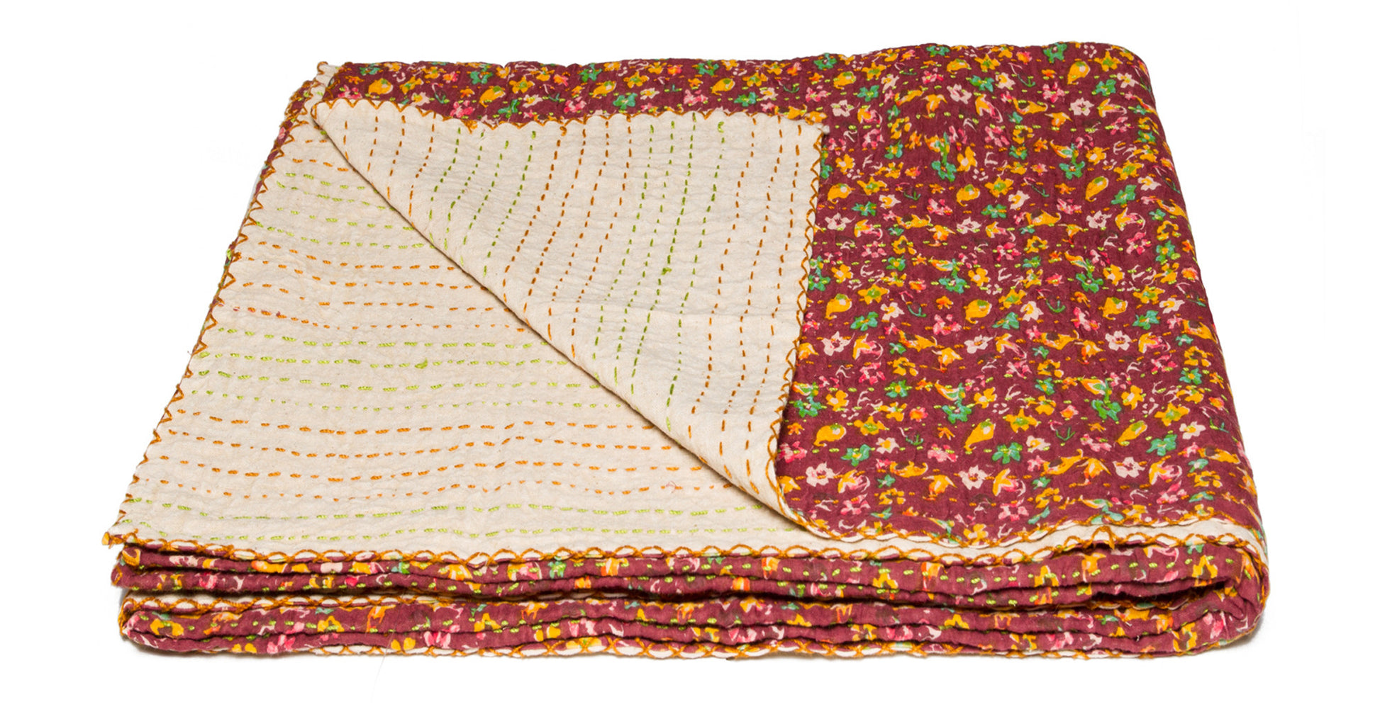 50" X 70" Beige Pink Orange and Green Cotton Kantha Floral Throw Throw Blanket with Embroidery-Throws & Blankets-DECOROLALA