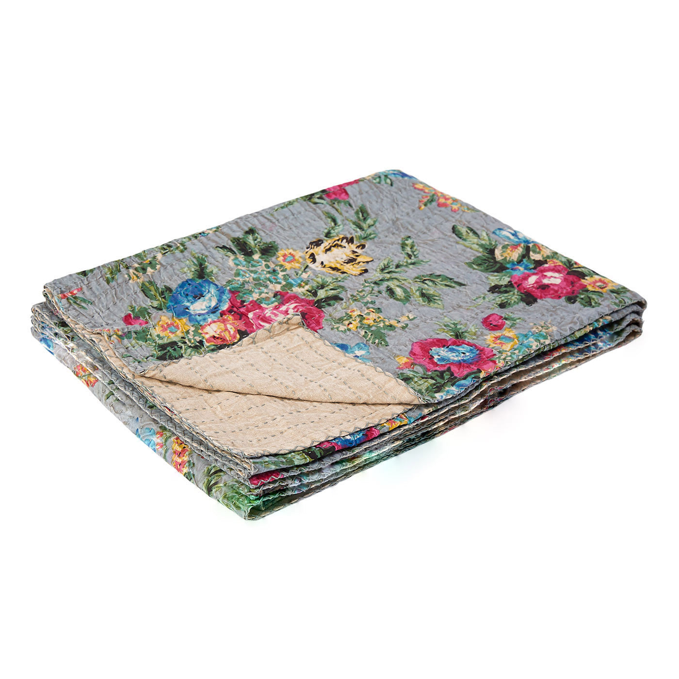 50" X 70" Beige Pink Orange and Green Cotton Kantha Floral Throw Throw Blanket with Embroidery-Throws & Blankets-DECOROLALA