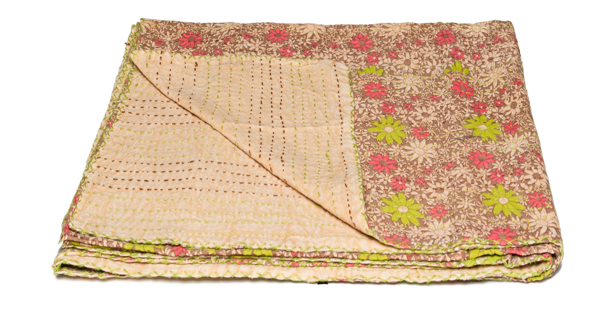 50" X 70" Beige Pink Orange and Green Cotton Kantha Floral Throw Throw Blanket with Embroidery-Throws & Blankets-DECOROLALA