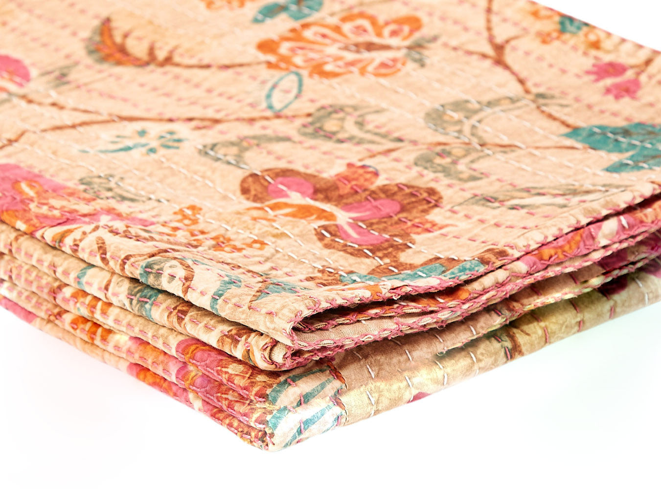 50" X 70" Beige Pink Orange and Green Cotton Kantha Floral Throw Throw Blanket with Embroidery-Throws & Blankets-DECOROLALA