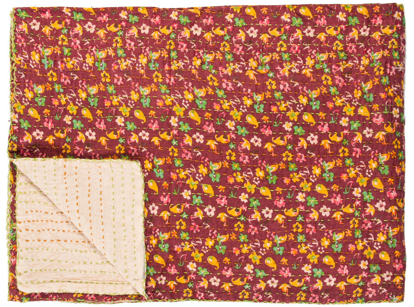 50" X 70" Beige Pink Orange and Green Cotton Kantha Floral Throw Throw Blanket with Embroidery-Throws & Blankets-DECOROLALA