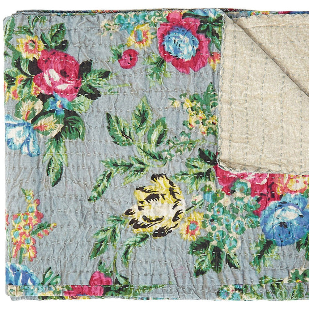 50" X 70" Beige Pink Orange and Green Cotton Kantha Floral Throw Throw Blanket with Embroidery-Throws & Blankets-DECOROLALA