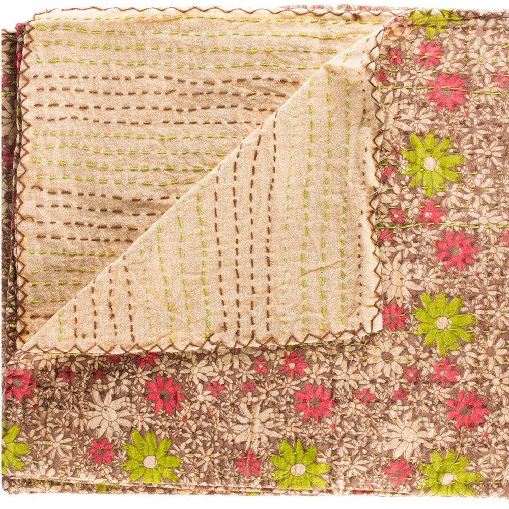 50" X 70" Beige Pink Orange and Green Cotton Kantha Floral Throw Throw Blanket with Embroidery-Throws & Blankets-DECOROLALA