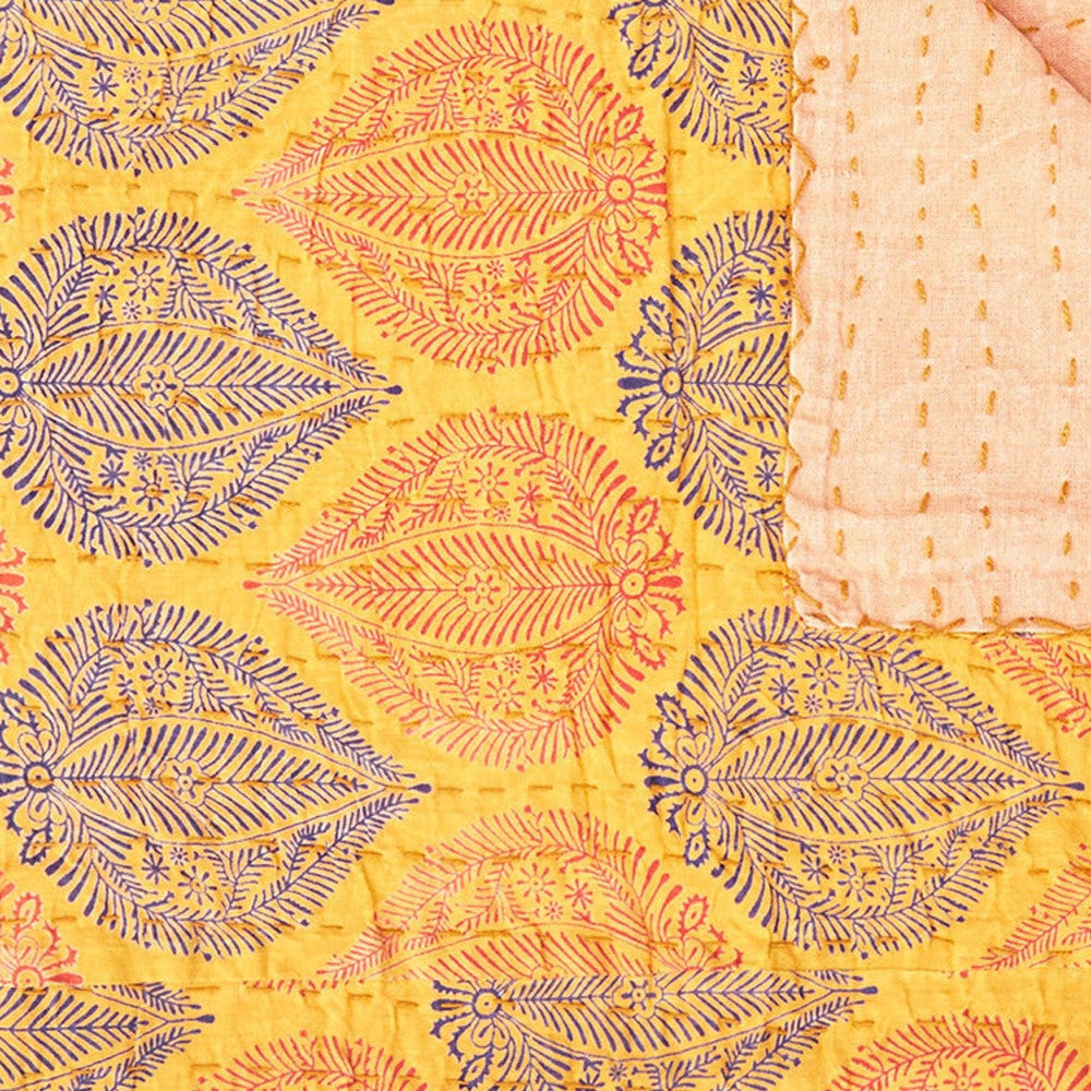 50" X 70" Beige Pink Orange and Green Cotton Kantha Floral Throw Throw Blanket with Embroidery-Throws & Blankets-DECOROLALA