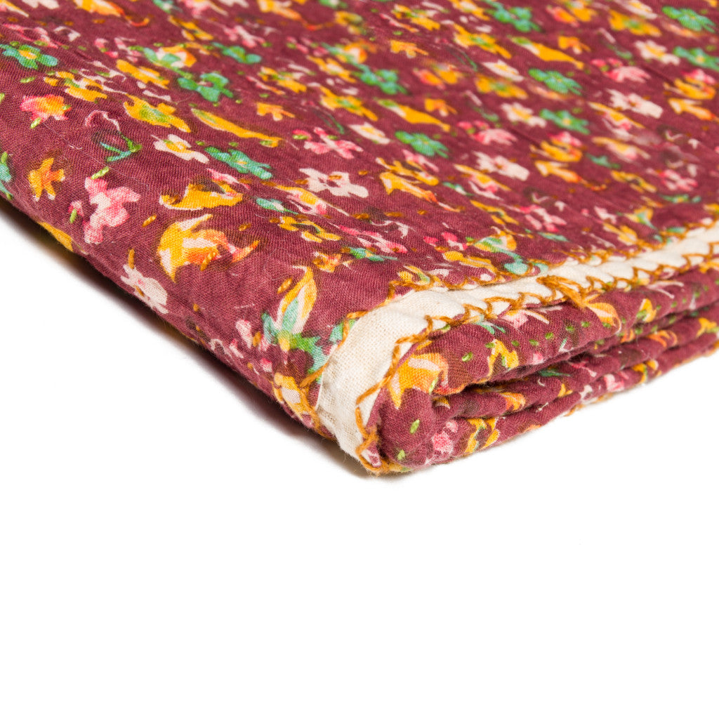50" X 70" Beige Pink Orange and Green Cotton Kantha Floral Throw Throw Blanket with Embroidery-Throws & Blankets-DECOROLALA