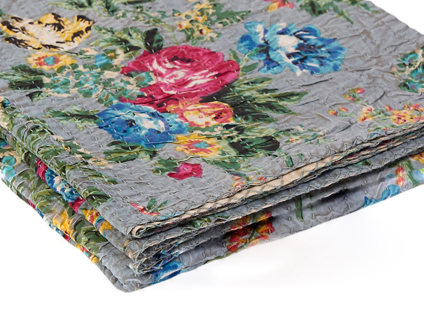 50" X 70" Beige Pink Orange and Green Cotton Kantha Floral Throw Throw Blanket with Embroidery-Throws & Blankets-DECOROLALA