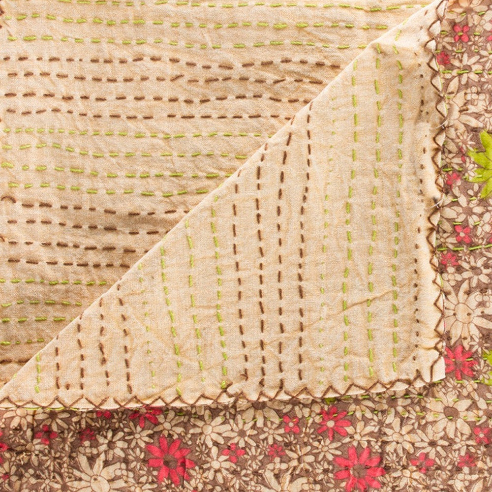 50" X 70" Beige Pink Orange and Green Cotton Kantha Floral Throw Throw Blanket with Embroidery-Throws & Blankets-DECOROLALA