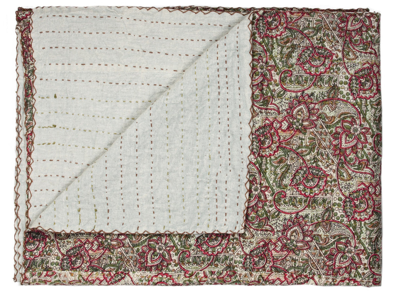 50" X 70" Beige Pink Orange and Green Cotton Kantha Floral Throw Throw Blanket with Embroidery-Throws & Blankets-DECOROLALA