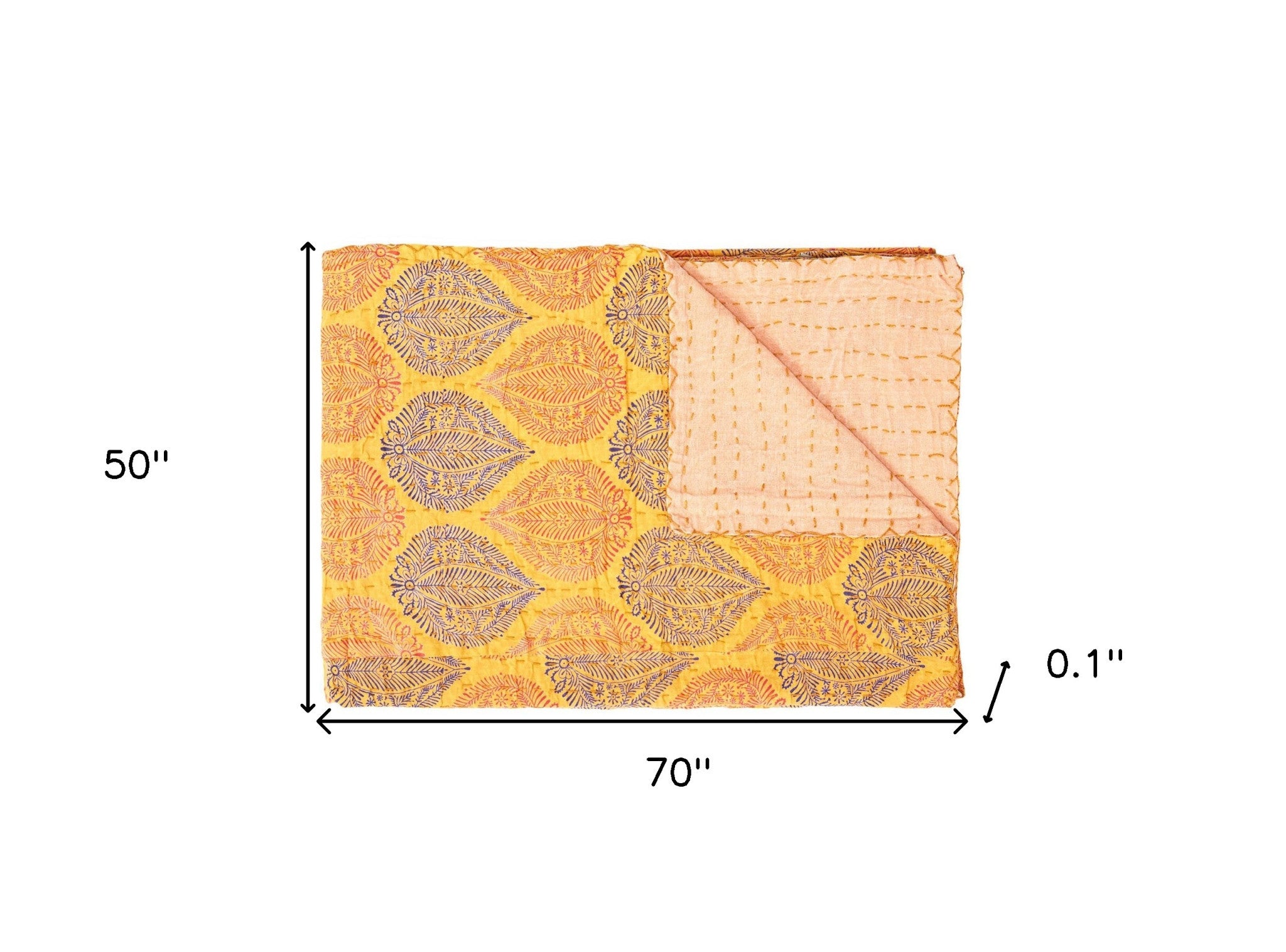 50" X 70" Beige Pink Orange and Green Cotton Kantha Floral Throw Throw Blanket with Embroidery-Throws & Blankets-DECOROLALA