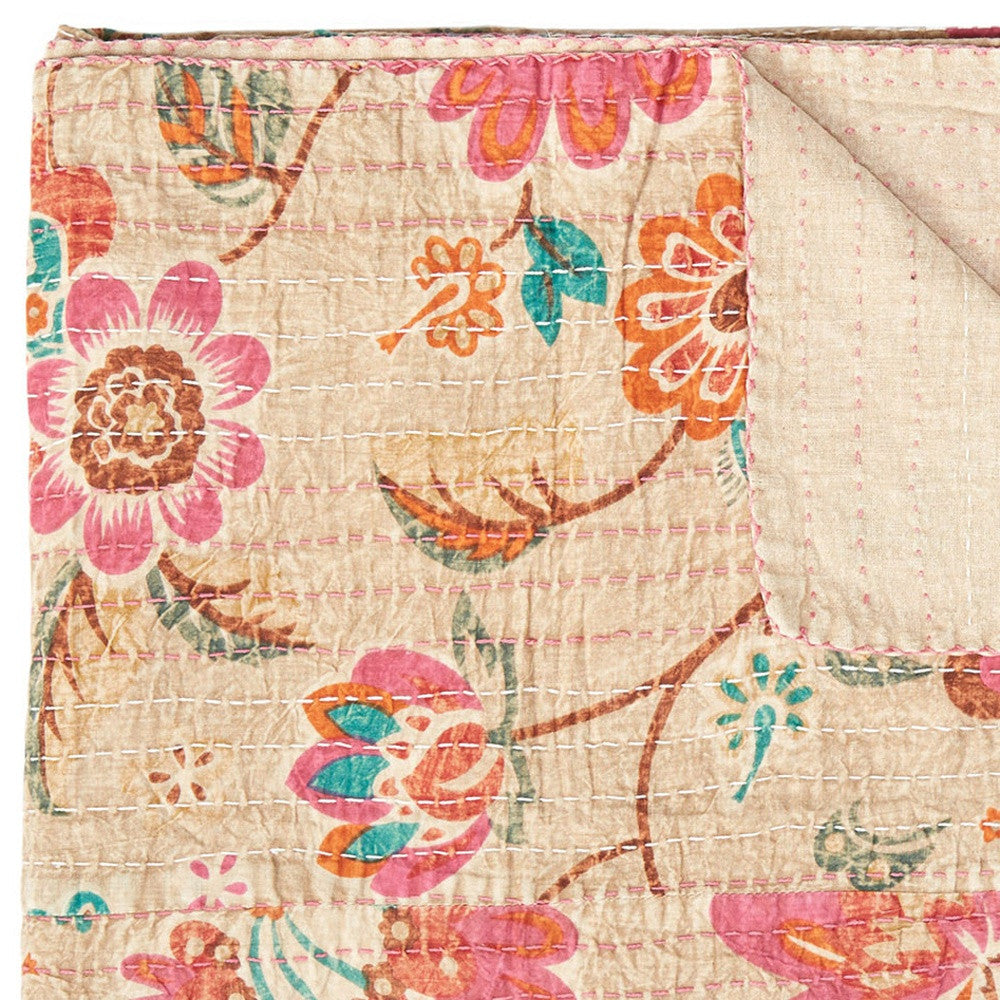 50" X 70" Beige Pink Orange and Green Cotton Kantha Floral Throw Throw Blanket with Embroidery-Throws & Blankets-DECOROLALA