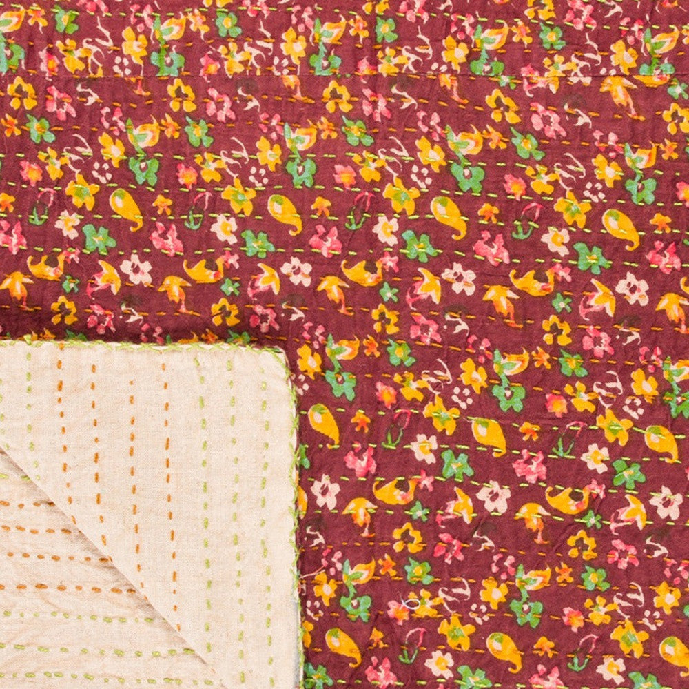 50" X 70" Beige Pink Orange and Green Cotton Kantha Floral Throw Throw Blanket with Embroidery-Throws & Blankets-DECOROLALA