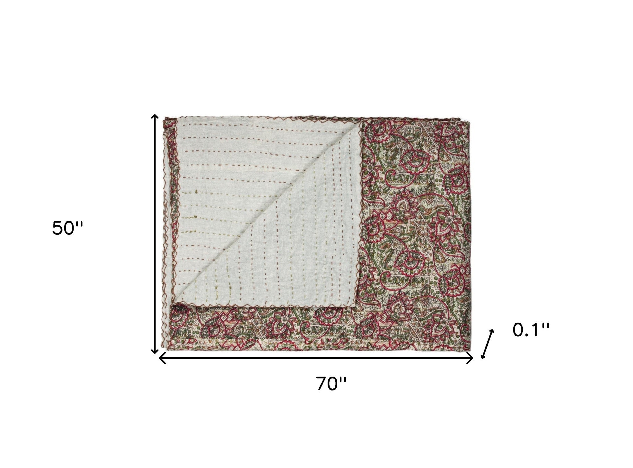 50" X 70" Beige Pink Orange and Green Cotton Kantha Floral Throw Throw Blanket with Embroidery-Throws & Blankets-DECOROLALA