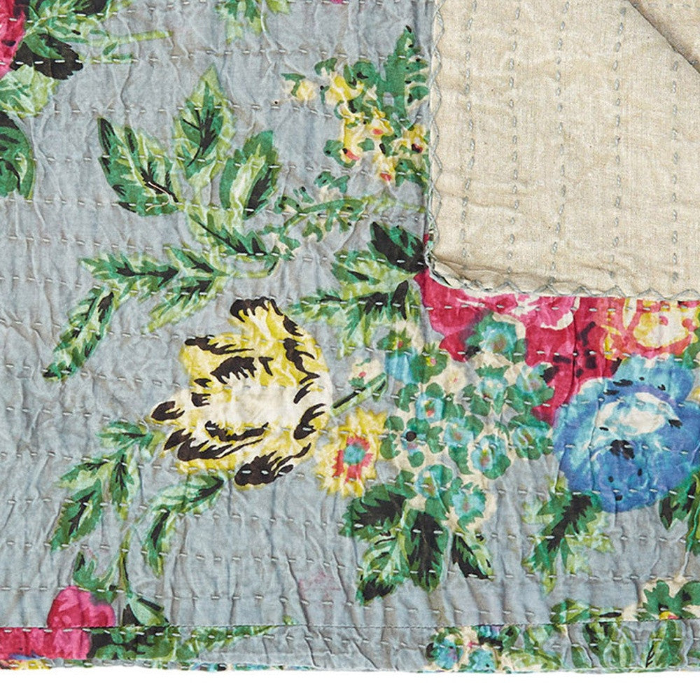 50" X 70" Beige Pink Orange and Green Cotton Kantha Floral Throw Throw Blanket with Embroidery-Throws & Blankets-DECOROLALA