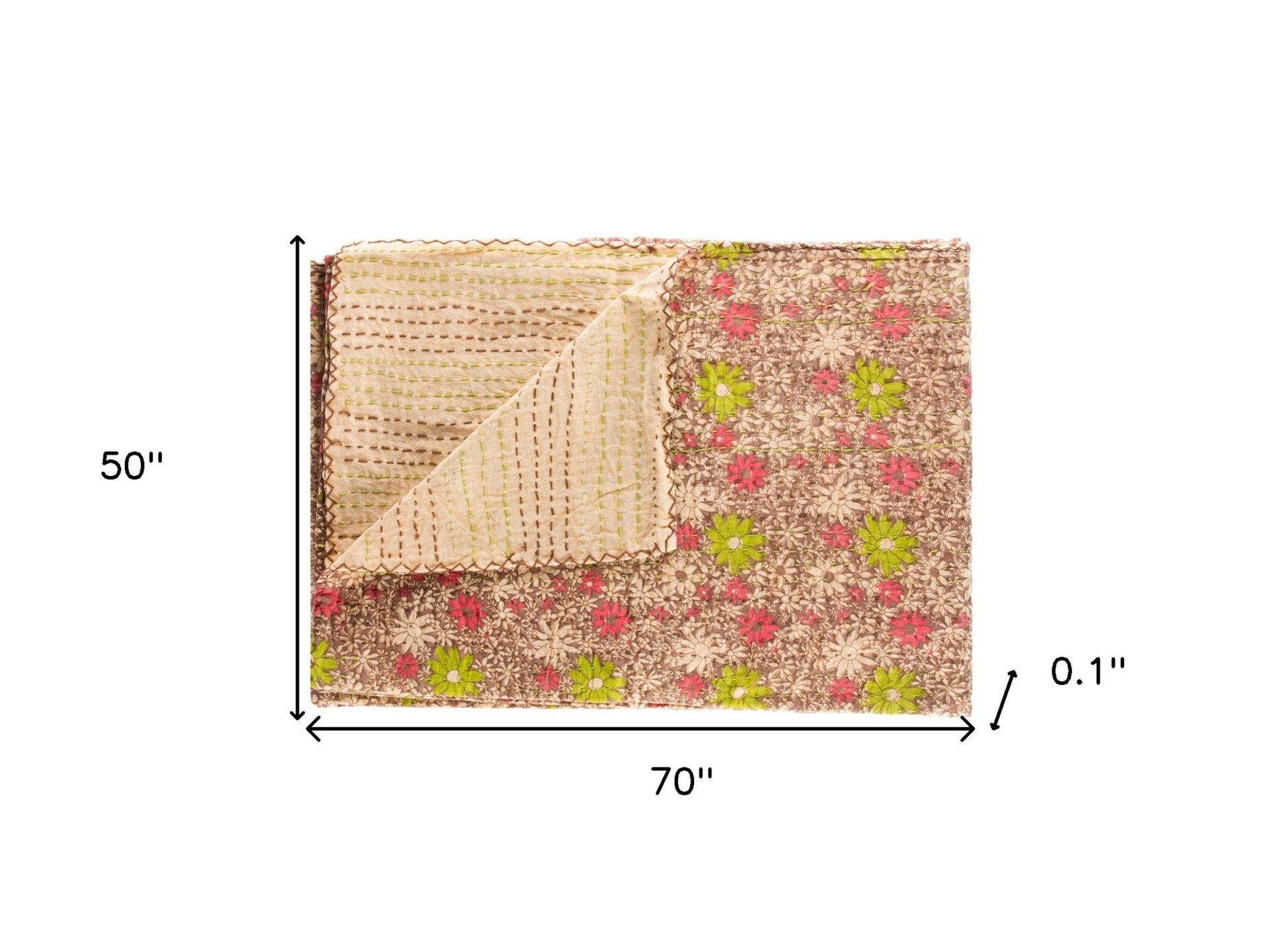 50" X 70" Beige Pink Orange and Green Cotton Kantha Floral Throw Throw Blanket with Embroidery-Throws & Blankets-DECOROLALA