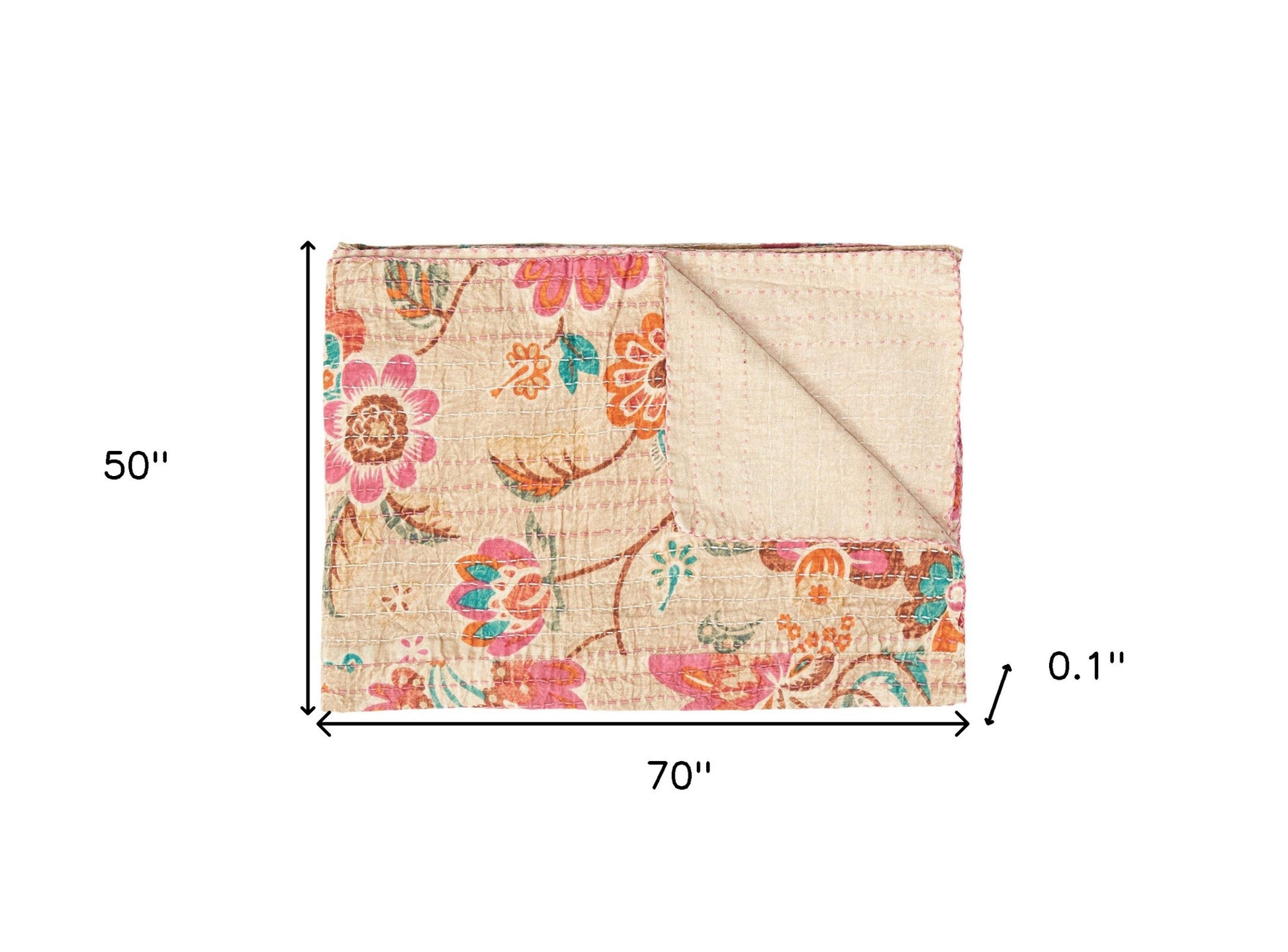 50" X 70" Beige Pink Orange and Green Cotton Kantha Floral Throw Throw Blanket with Embroidery-Throws & Blankets-DECOROLALA