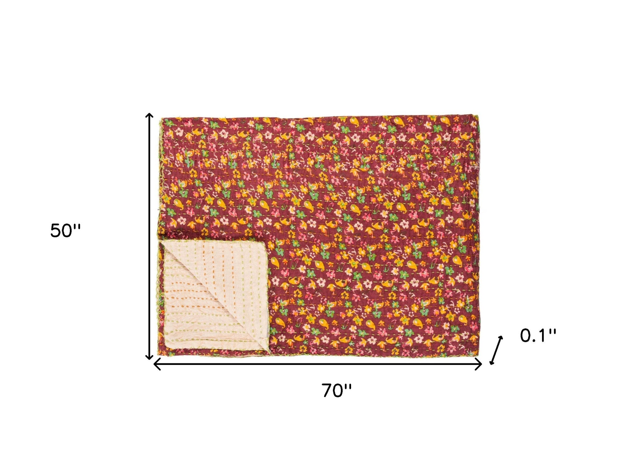 50" X 70" Beige Pink Orange and Green Cotton Kantha Floral Throw Throw Blanket with Embroidery-Throws & Blankets-DECOROLALA