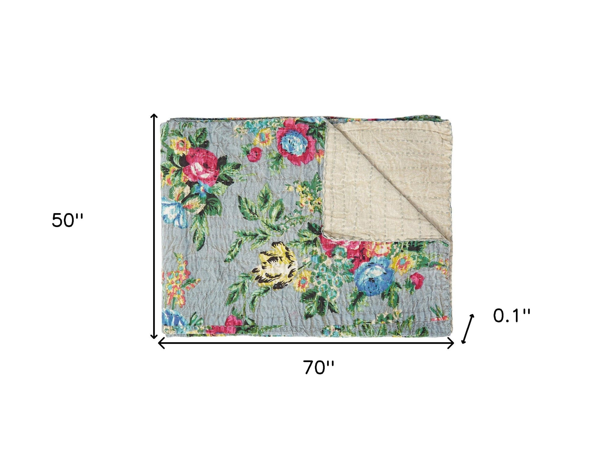 50" X 70" Beige Pink Orange and Green Cotton Kantha Floral Throw Throw Blanket with Embroidery-Throws & Blankets-DECOROLALA