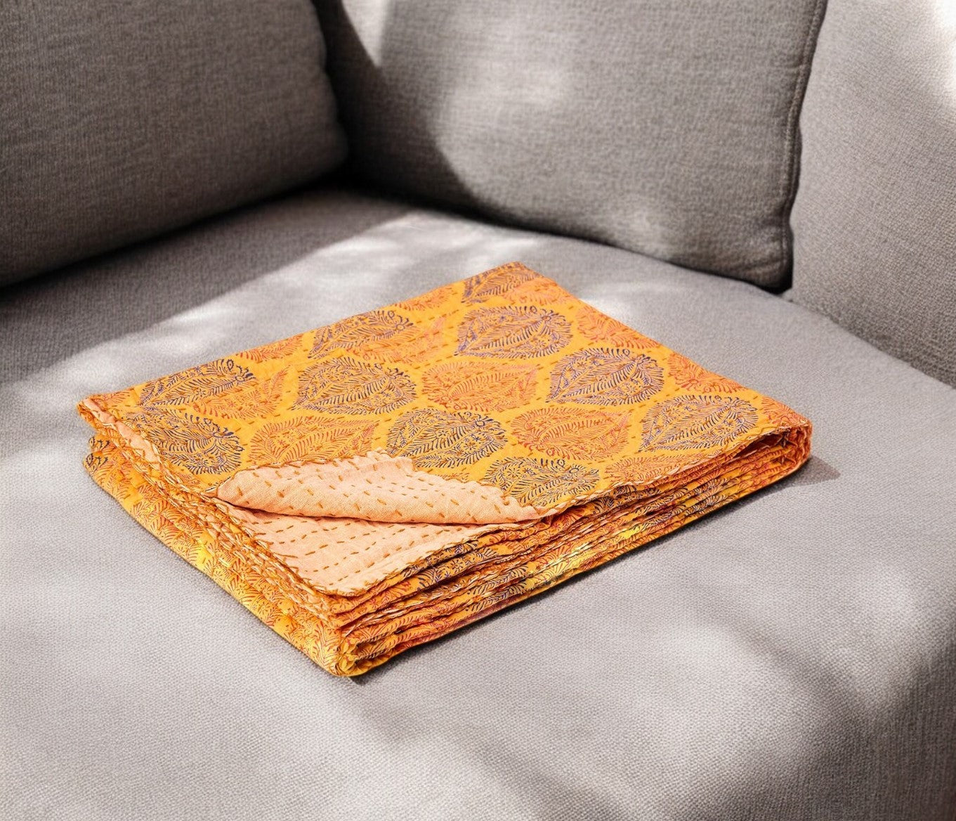 50" X 70" Beige Pink Orange and Green Cotton Kantha Floral Throw Throw Blanket with Embroidery-Throws & Blankets-DECOROLALA