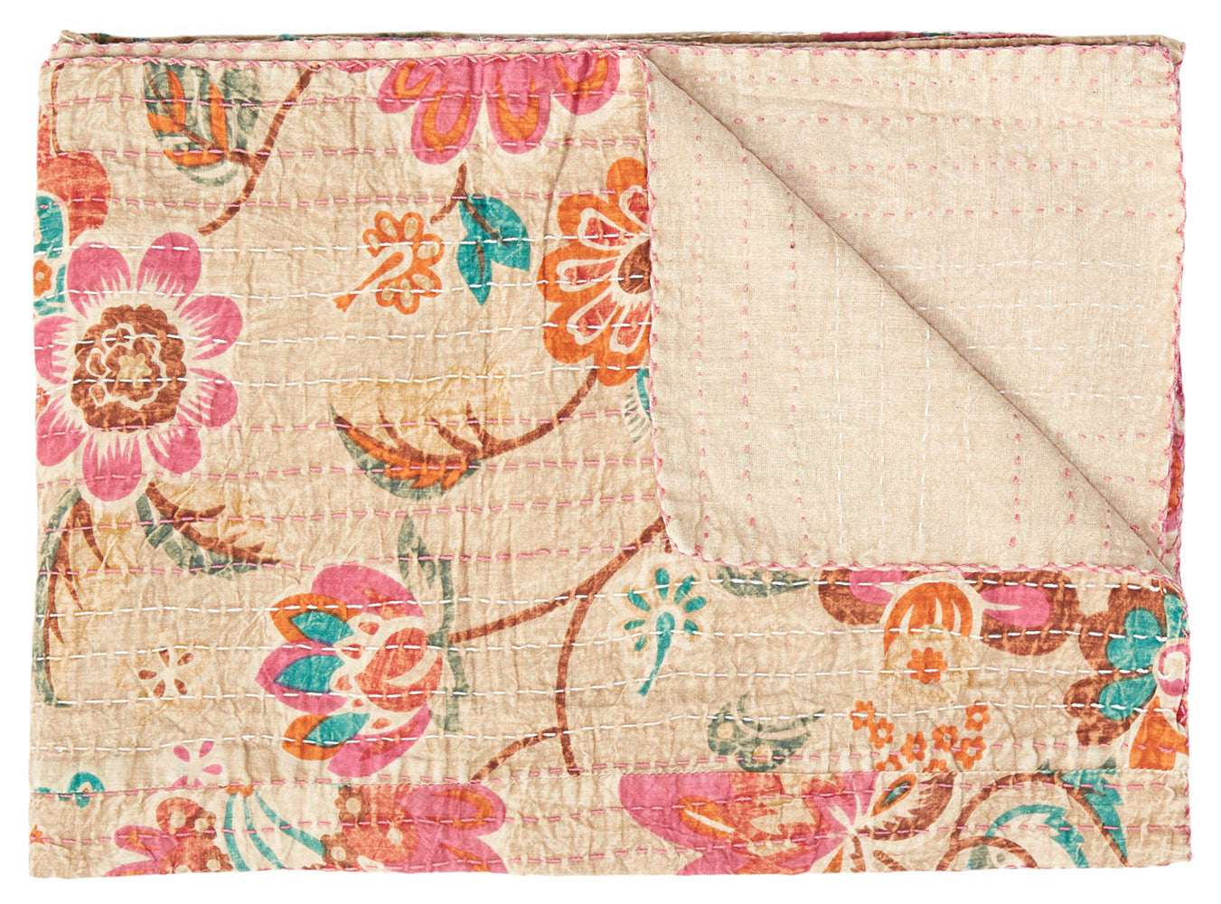 50" X 70" Beige Pink Orange and Green Cotton Kantha Floral Throw Throw Blanket with Embroidery-Throws & Blankets-DECOROLALA