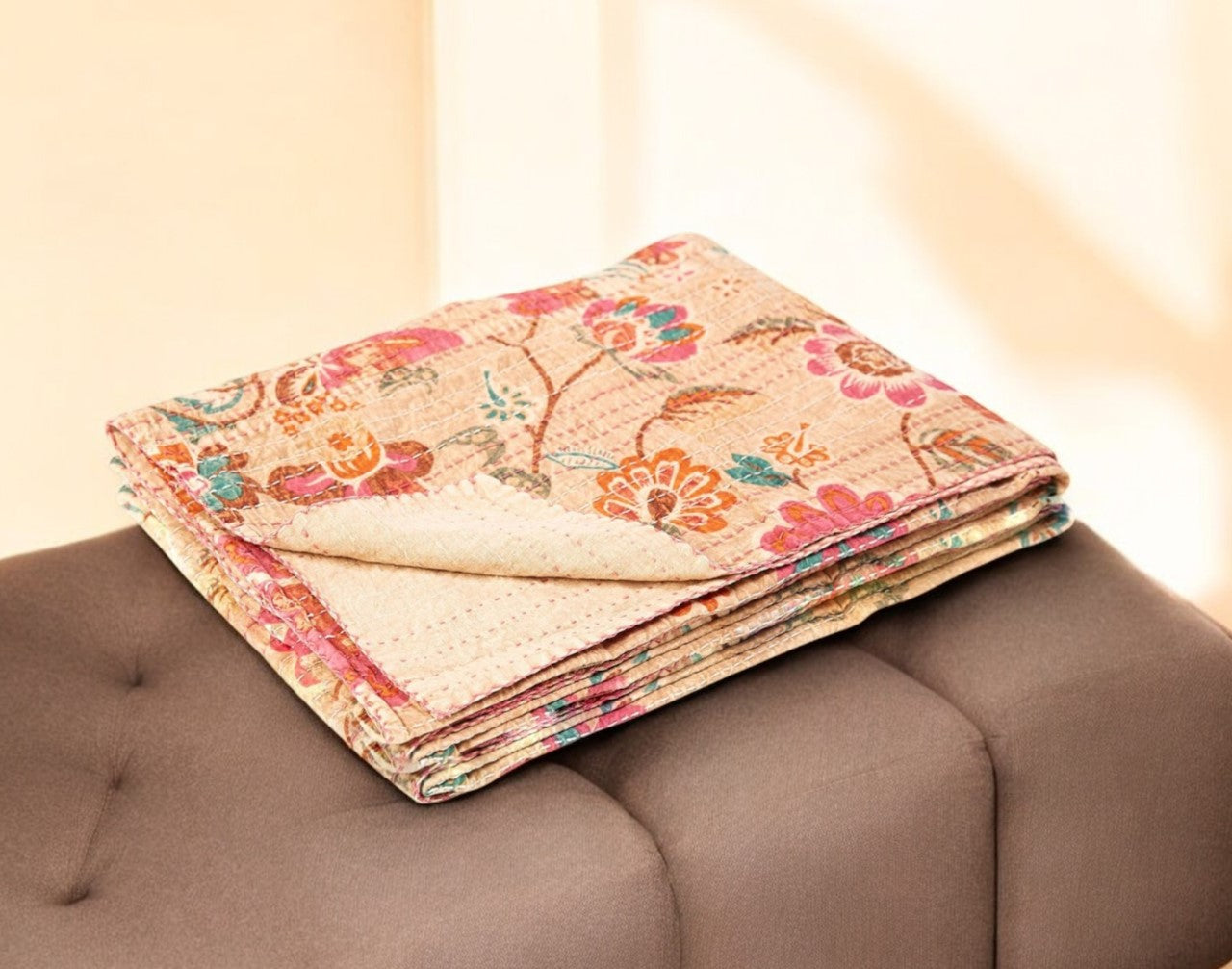 50" X 70" Beige Pink Orange and Green Cotton Kantha Floral Throw Throw Blanket with Embroidery-Throws & Blankets-DECOROLALA