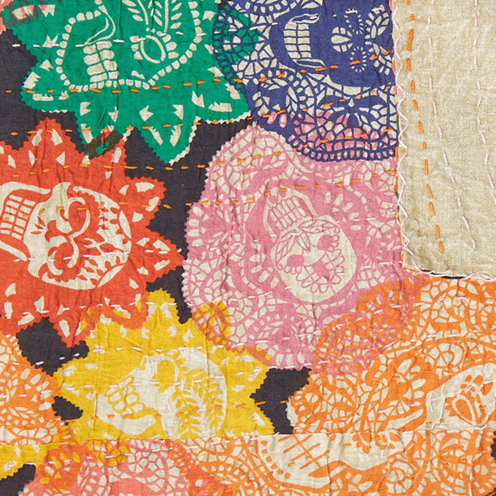 50" X 70" Black Green Red and Pink Kantha Cotton Patchwork Throw Blanket with Embroidery-Throws & Blankets-DECOROLALA