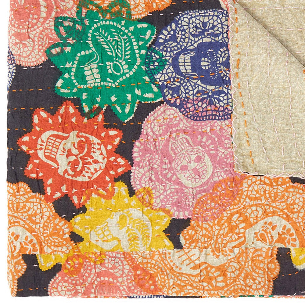 50" X 70" Black Green Red and Pink Kantha Cotton Patchwork Throw Blanket with Embroidery-Throws & Blankets-DECOROLALA