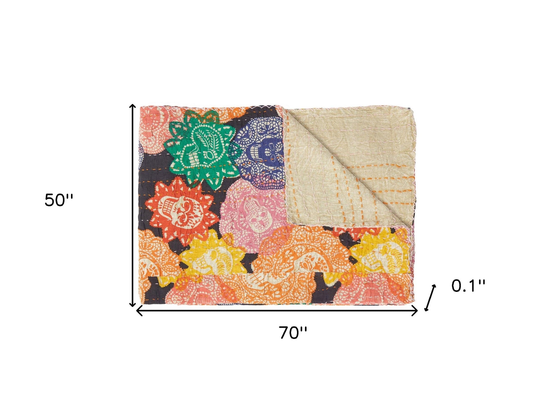 50" X 70" Black Green Red and Pink Kantha Cotton Patchwork Throw Blanket with Embroidery-Throws & Blankets-DECOROLALA