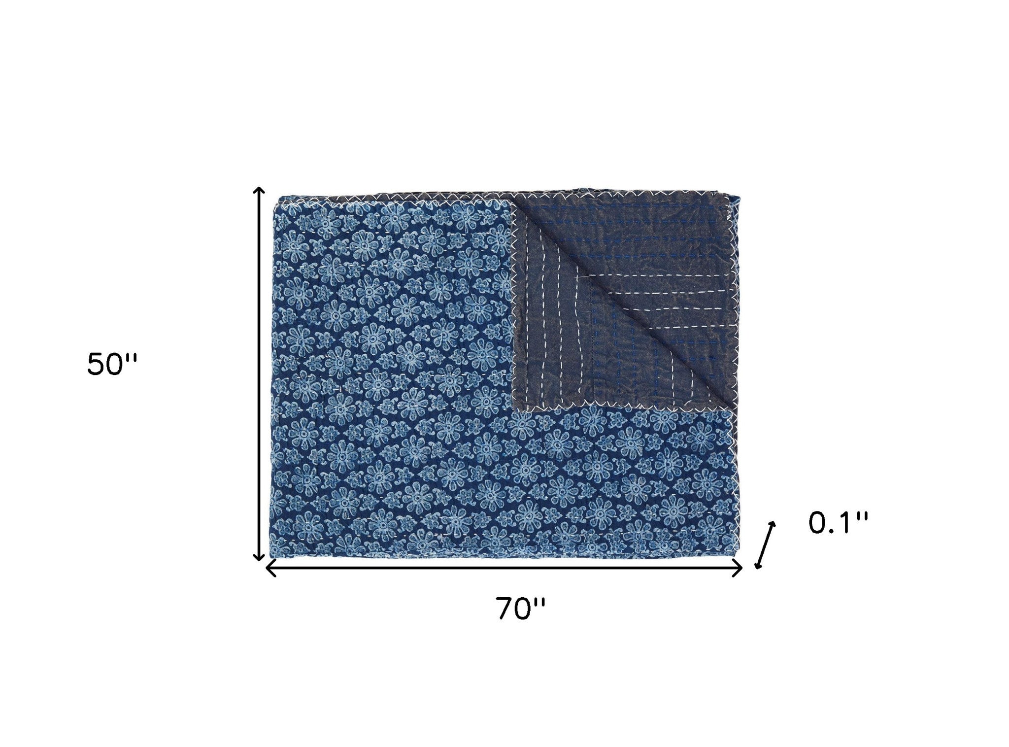 50" X 70" Blue Kantha Cotton Floral Throw Blanket with Embroidery-Throws & Blankets-DECOROLALA