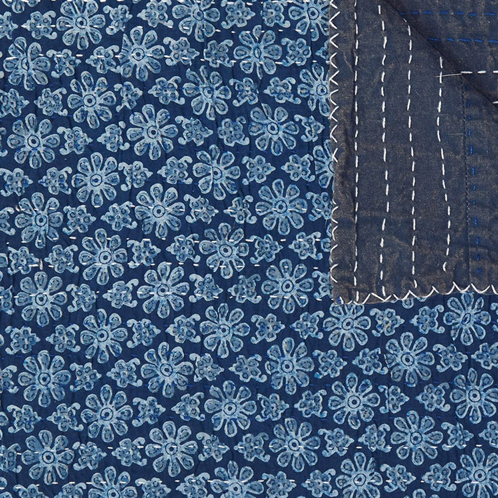 50" X 70" Blue Kantha Cotton Floral Throw Blanket with Embroidery-Throws & Blankets-DECOROLALA