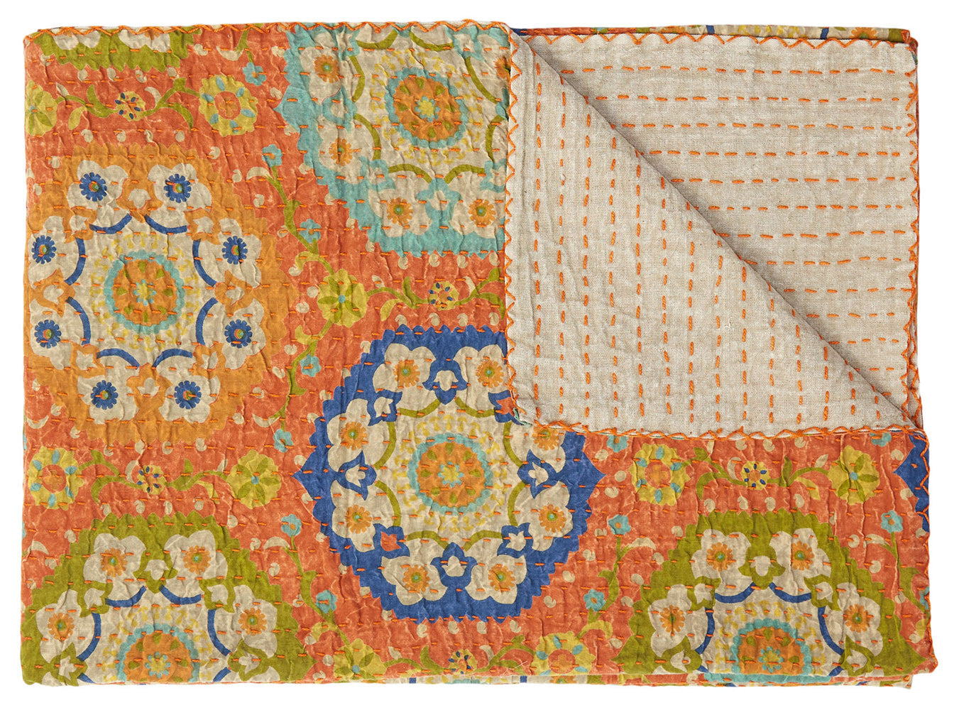 50" X 70" Blue Kantha Cotton Floral Throw Blanket with Embroidery-Throws & Blankets-DECOROLALA