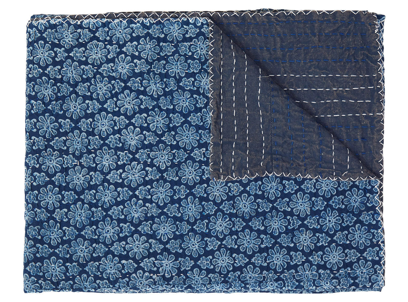 50" X 70" Blue Kantha Cotton Floral Throw Blanket with Embroidery-Throws & Blankets-DECOROLALA