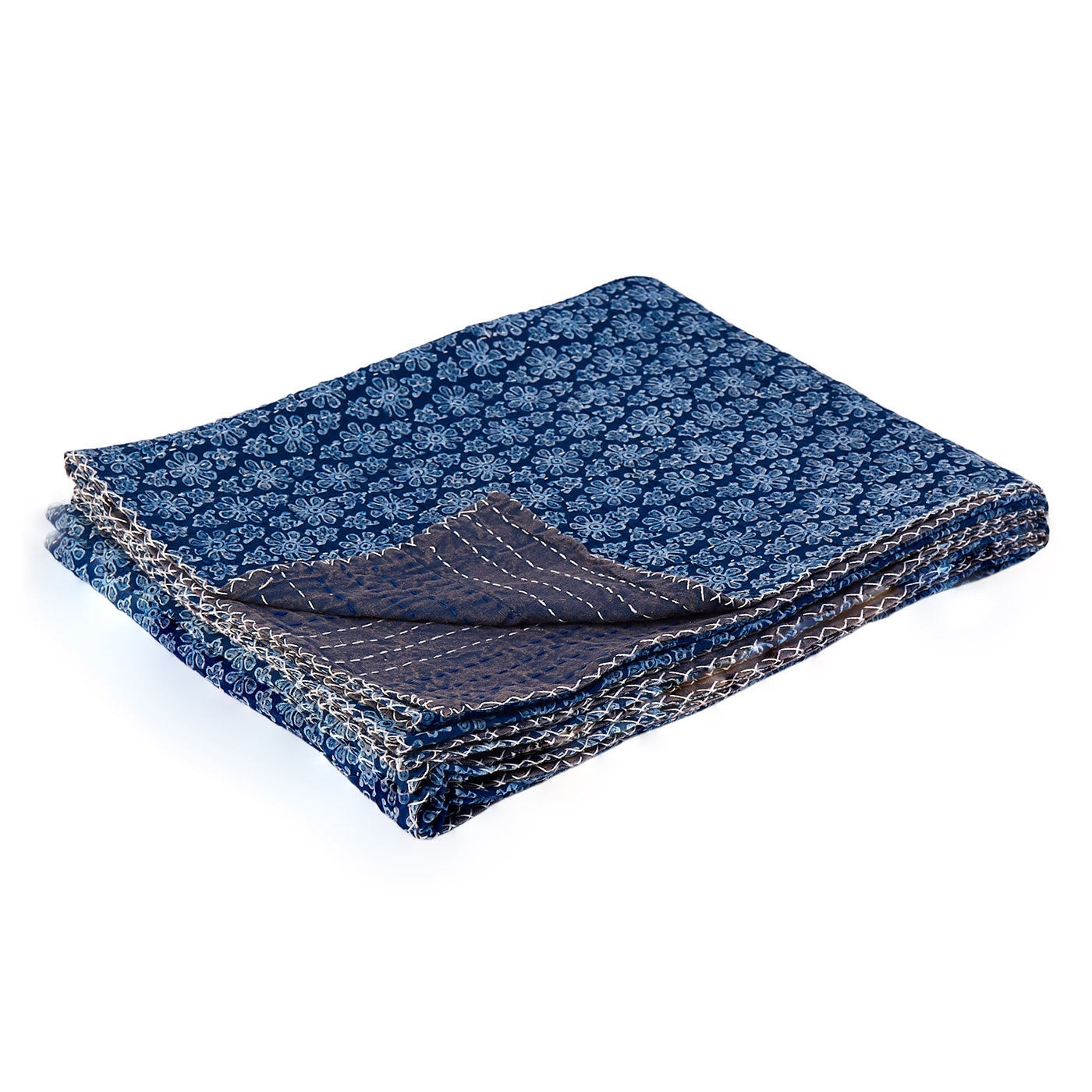 50" X 70" Blue Kantha Cotton Floral Throw Blanket with Embroidery-Throws & Blankets-DECOROLALA