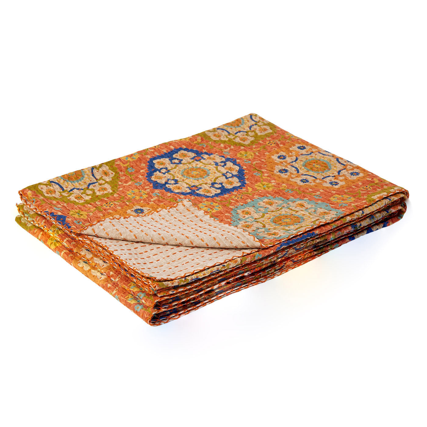 50" X 70" Blue Kantha Cotton Floral Throw Blanket with Embroidery-Throws & Blankets-DECOROLALA