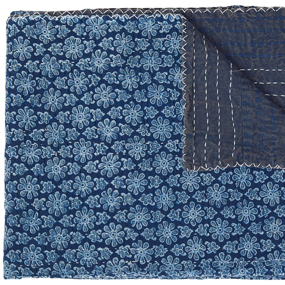 50" X 70" Blue Kantha Cotton Floral Throw Blanket with Embroidery-Throws & Blankets-DECOROLALA