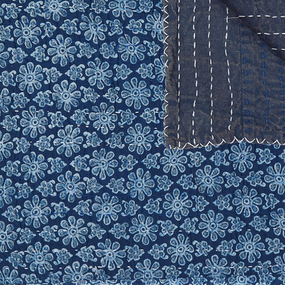 50" X 70" Blue Kantha Cotton Floral Throw Blanket with Embroidery-Throws & Blankets-DECOROLALA