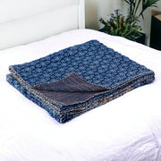50" X 70" Blue Kantha Cotton Floral Throw Blanket with Embroidery-Throws & Blankets-DECOROLALA